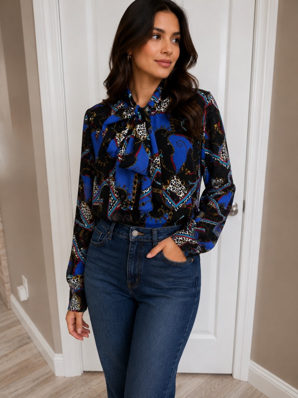 Kut From the Cloth Black & Royal Blue Tie-Neck Blouse